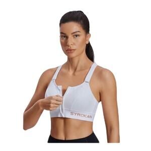 SYROKAN Sports Bra 34DD White High Impact Support Zip Front Adjustable